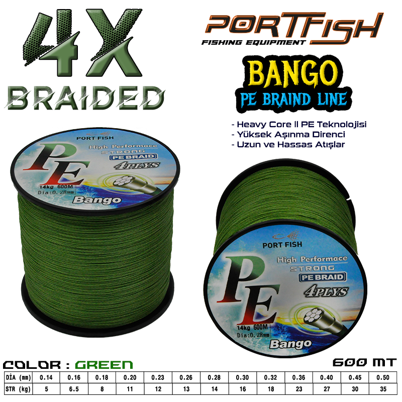 Portfish Bango 4 Kat İp Misina 600 mt Yeşil 0,20